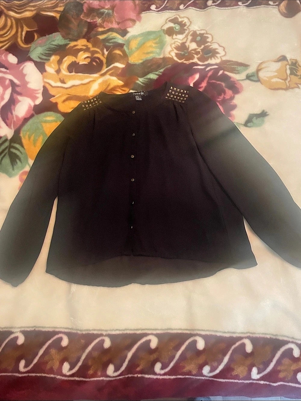 Forever 21 Studded Blouse Womens Size M Black Long Sleeve Buttons Career Top